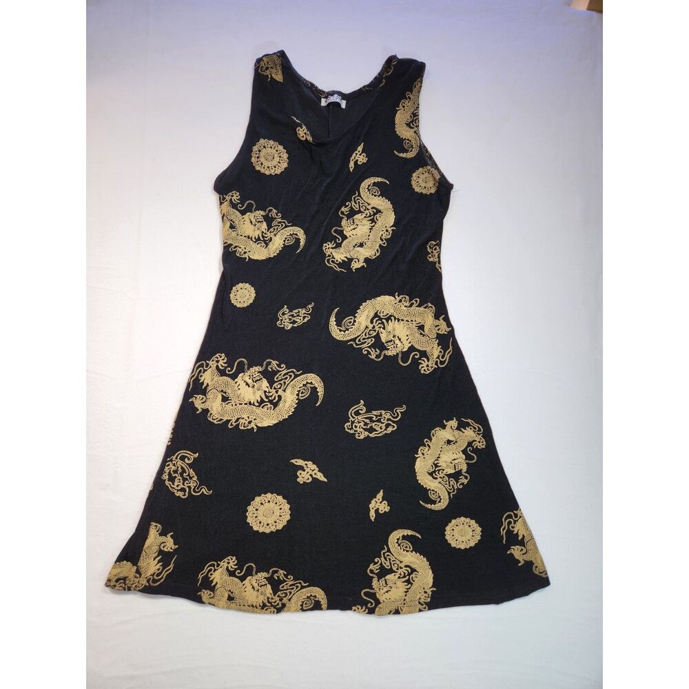 Vintage es se Womens Dragon Mini Dress Stretch Black Gold Y2K Clubwear Goth